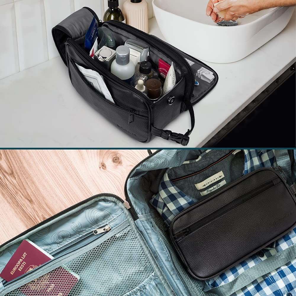PAVILIA Toiletry Bag for Men, Travel Essentials Shaving Dopp Kit, Mens Travel Bag Toiletries Organizer Case for Grooming, PU Leather Water Resistant Cosmetic Bag Pouch (Dark Brown)