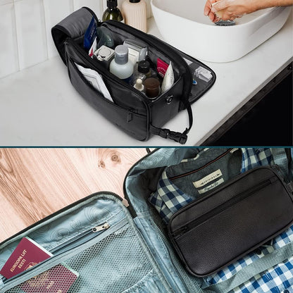 PAVILIA Toiletry Bag for Men, Travel Essentials Shaving Dopp Kit, Mens Travel Bag Toiletries Organizer Case for Grooming, PU Leather Water Resistant Cosmetic Bag Pouch (Dark Brown)