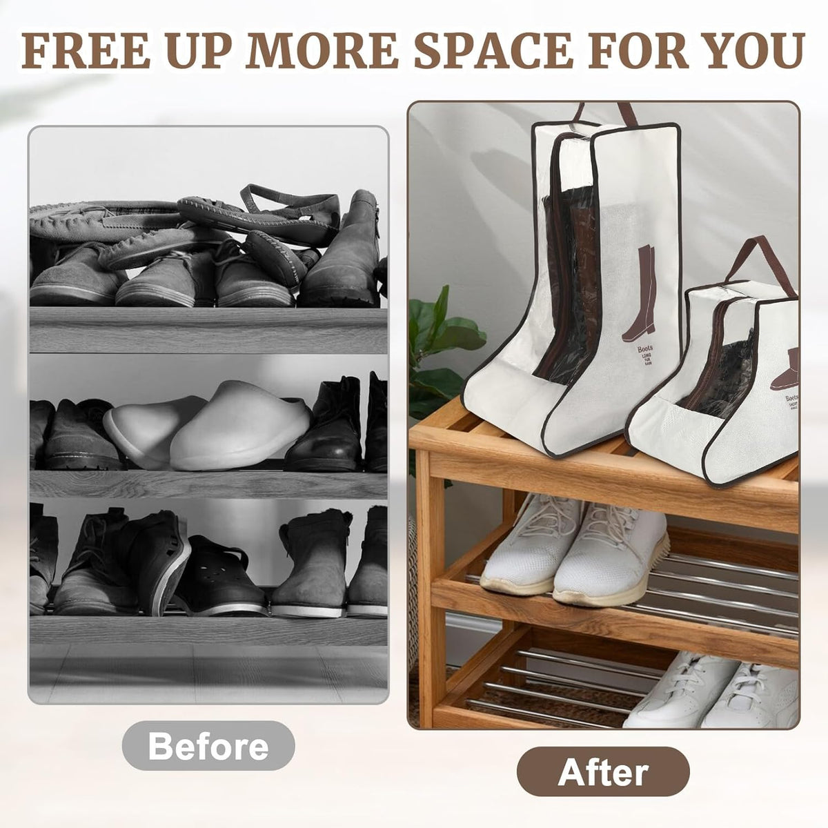 2 Pcs Tall Boot Bags for Cowboy Boots, Visualization Boot Storage Bag, Waterproof, Dustproof, Portable, Suitable for Travel and Daily Use, Foldable, Leather Shoes, Sports Shoes Storage (Cream White)