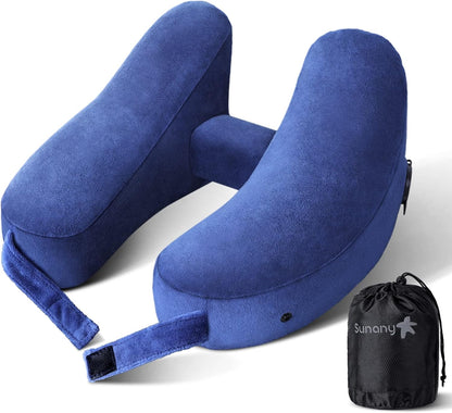 Sunany Travel Neck Pillow for Airplane Pillow Comfortably Supports Head, Neck and Chin, Inflatable Travel Pillow with Soft Velour Cover and Portable Drawstring Bag (Black, H-Shape)