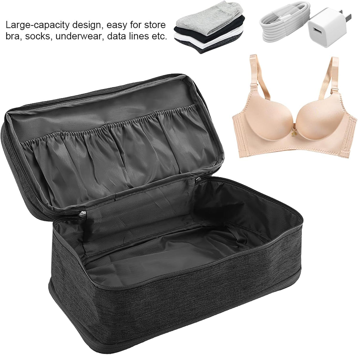 Milltrip Travel Underwear Bag, Waterprof Portable Storage Case with Multiple Layers & Pockets for Bras, Socks, Underwear, USB Cables, Compact Travel Bra (Gray)