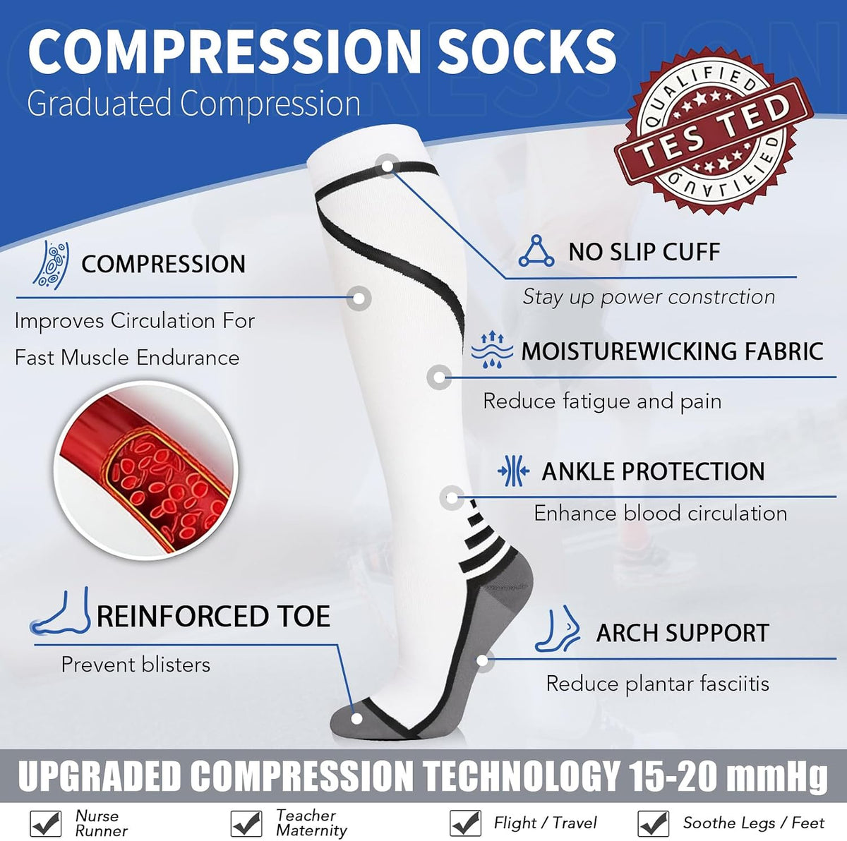 Sooverki Copper Compression Socks for Men & Women 8 Pack 15-20mmHg - Knee High Stockings Best Support for Running Athletic