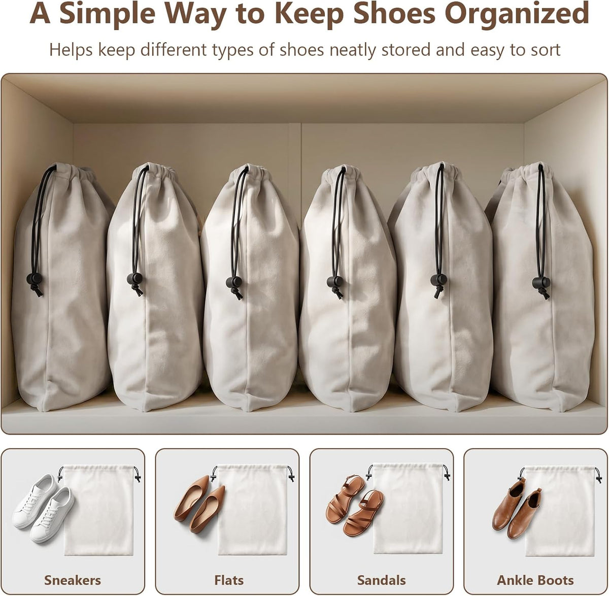MERKFO Shoe Bags for Travel, 6 Pack Flannel Travel Shoe Bags for Luggage, Large Drawstring Shoe Dust Bags for Packing Shoes, Closet Storage, Fits Up to Men's Size 13, Beige