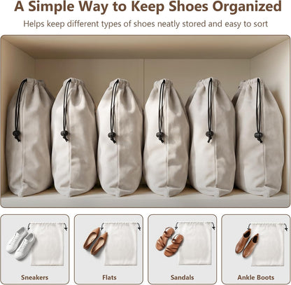 MERKFO Shoe Bags for Travel, 6 Pack Flannel Travel Shoe Bags for Luggage, Large Drawstring Shoe Dust Bags for Packing Shoes, Closet Storage, Fits Up to Men's Size 13, Beige