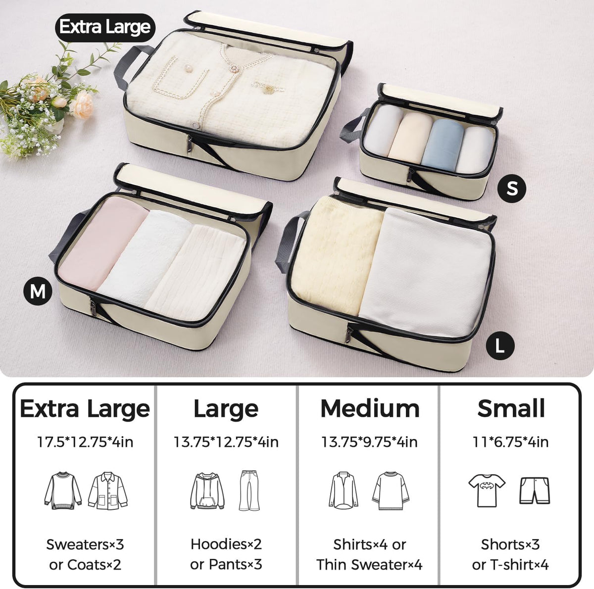 BAGAIL 4 Set/6 Set/8 Set Compression Packing Cubes Travel Accessories Expandable Packing Organizers (Cloth Pattern, 4-Black) - Colors A
