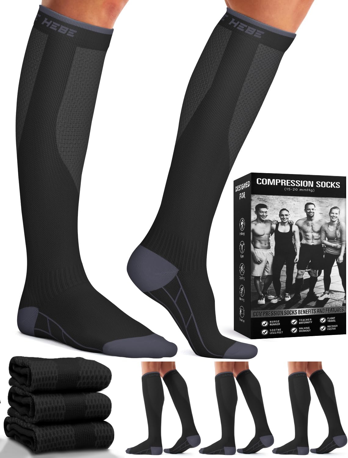 Laite Hebe 3 Pack Medical Compression Sock-Compression Sock For Women and Men Circulation -Best for Running,Nursing,Athletic Sports