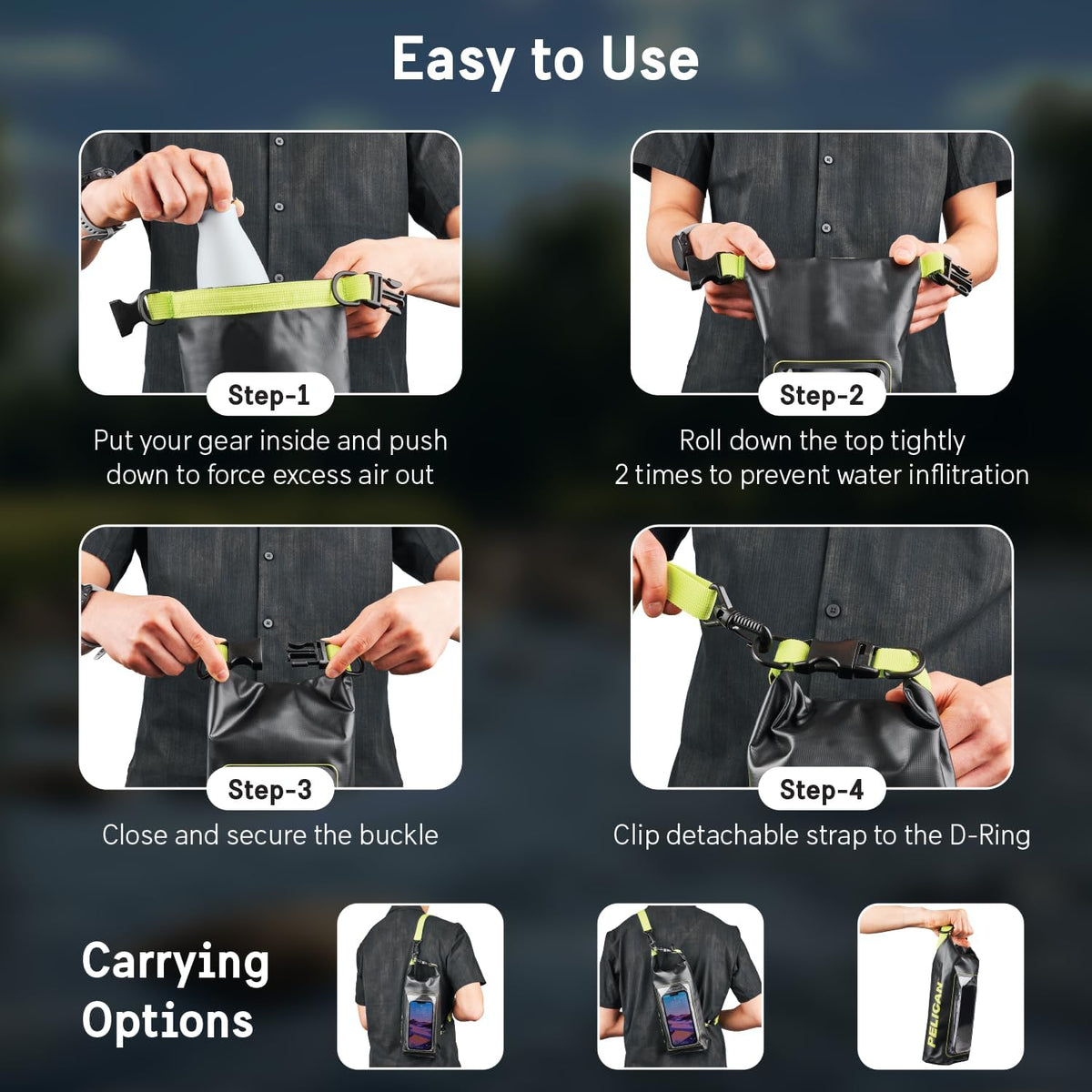 Pelican Marine IP68 Waterproof Dry Bag 2L - Roll Top Waterproof Backpack w/Phone Case/Pouch - Boating & Kayak Accessories - Essentials for Camping Swimming Beach Fishing Rafting Travel - Black/Yellow