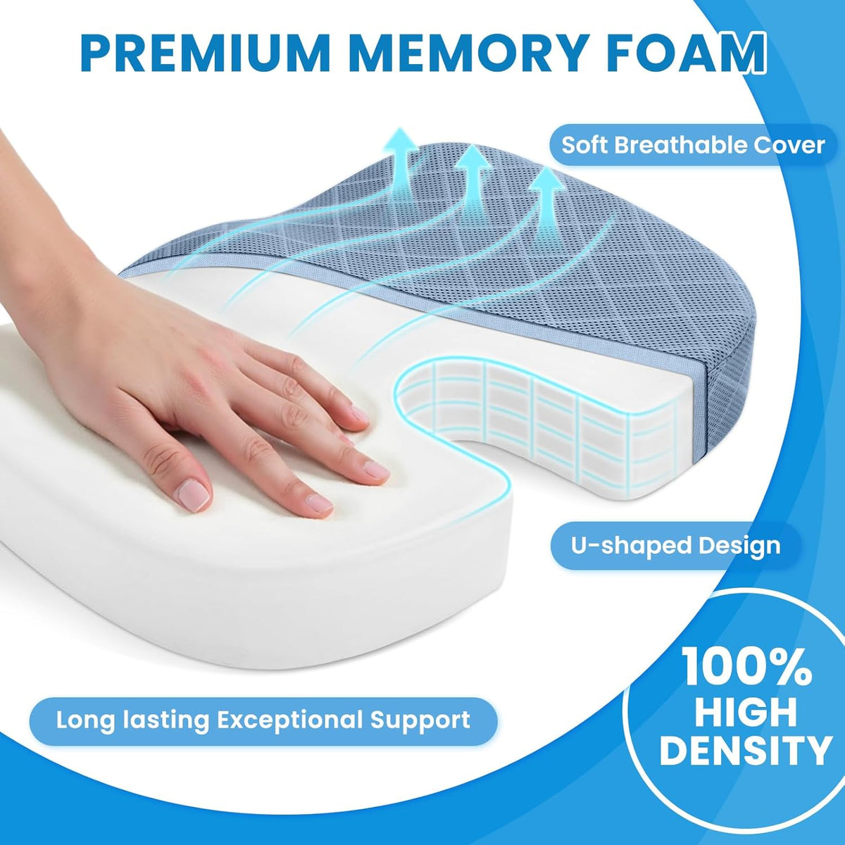 TushGuard Seat Cushion, Memory Foam Office Chair Cushion - Grey, Large