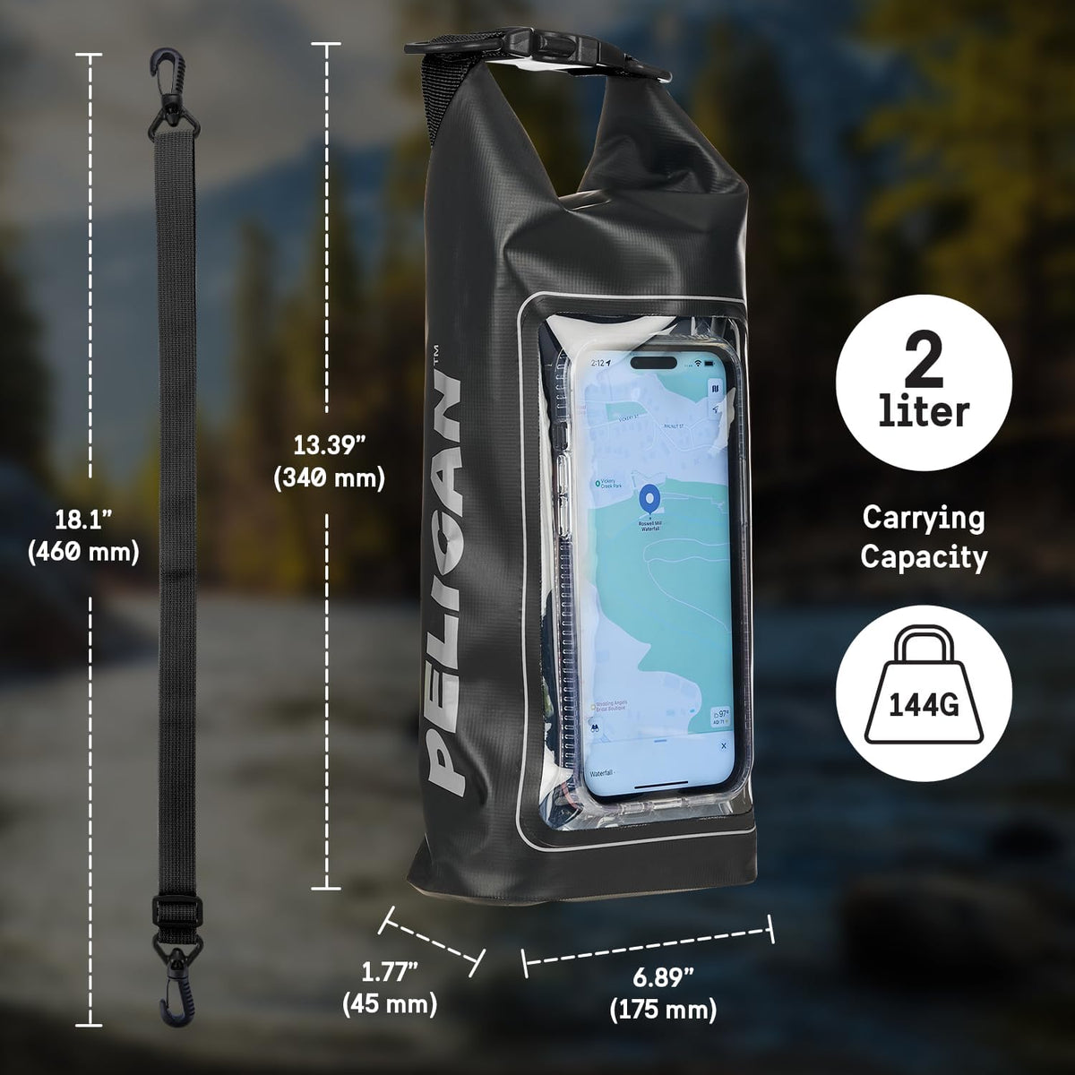 Pelican Marine IP68 Waterproof Dry Bag 2L - Roll Top Waterproof Backpack w/Phone Case/Pouch - Boating & Kayak Accessories - Essentials for Camping Swimming Beach Fishing Rafting Travel - Black/Yellow