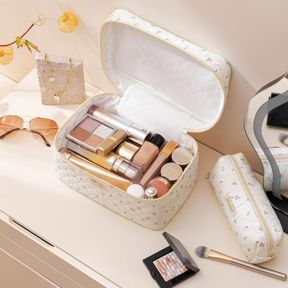 HBselect Quilted Makeup Bag, 3PCS Cotton Large Travel Makeup Bag, Cute Floral Coquette Make up Bag Cosmetic Bag Toiletry Bag for Women Girls - Colors A