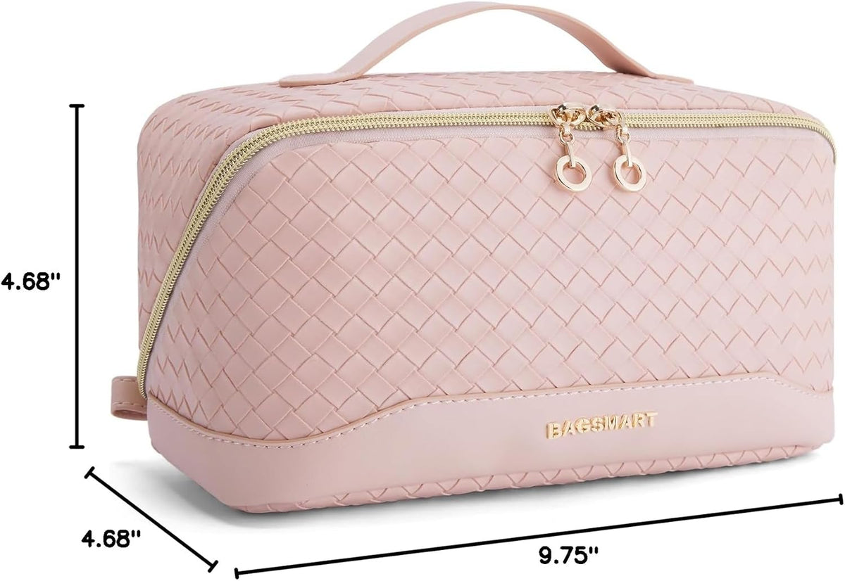 BAGSMART Travel Makeup Bag for Women, Portable Water-resistant Cosmetic Case, Puffy Padded Make Up Organizer Pouch, Open Flat Toiletry Bag for Toiletries, Brushes, Black