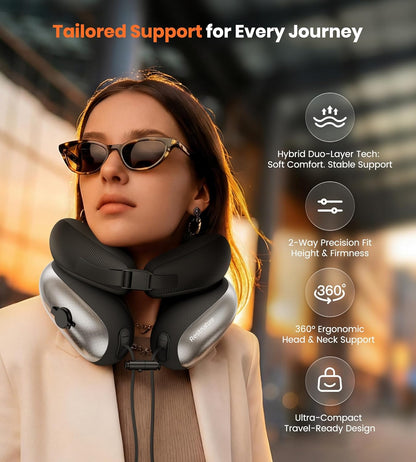 Neck Pillow for Traveling, Travel Pillows for Airplanes, Adjustable Neck Pillow Airplane Travel Essentials - 2 Layer Patented | Inflatable Air Loop & Memory Foam for 360° Ergonomic Support