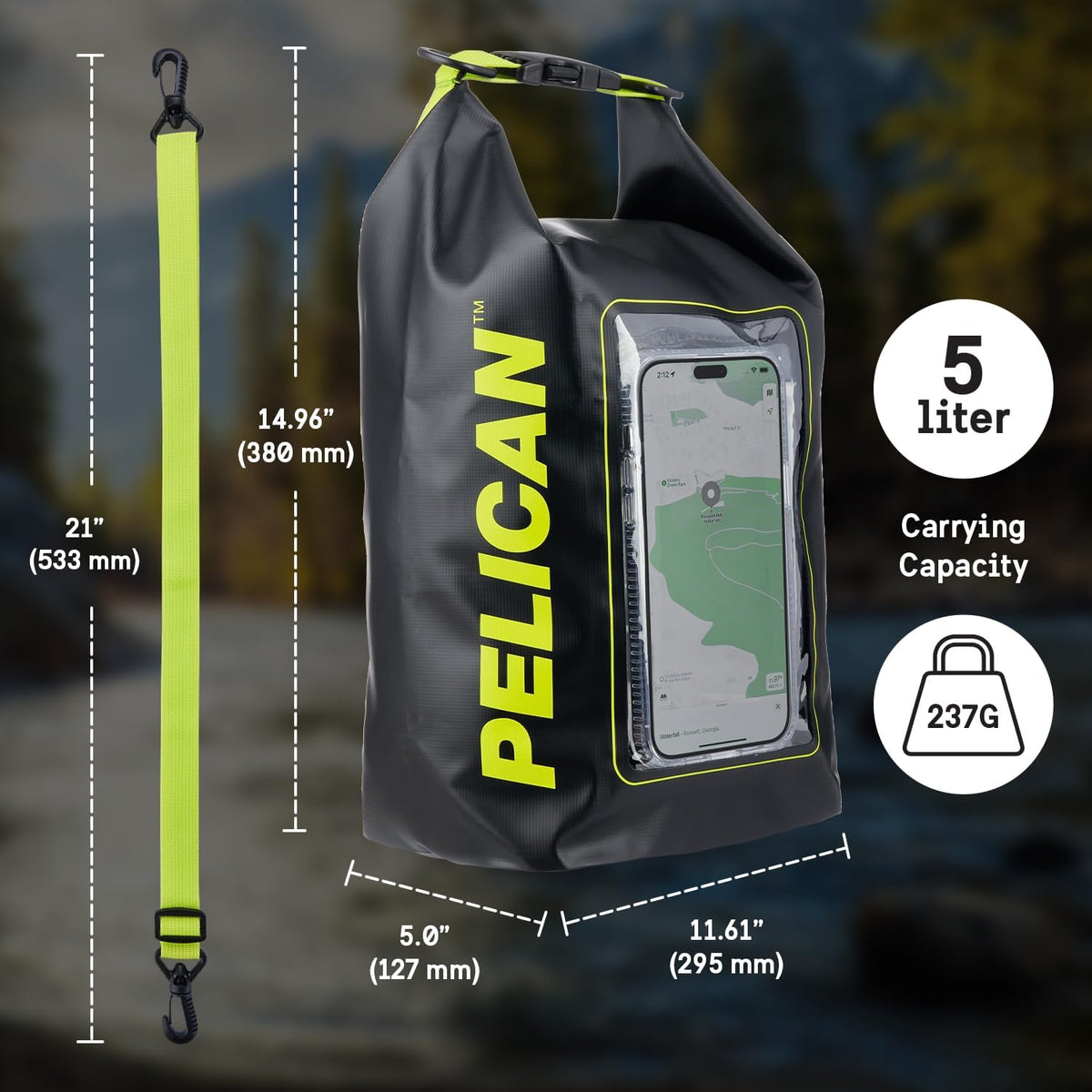 Pelican Marine IP68 Waterproof Dry Bag 2L - Roll Top Waterproof Backpack w/Phone Case/Pouch - Boating & Kayak Accessories - Essentials for Camping Swimming Beach Fishing Rafting Travel - Black/Yellow