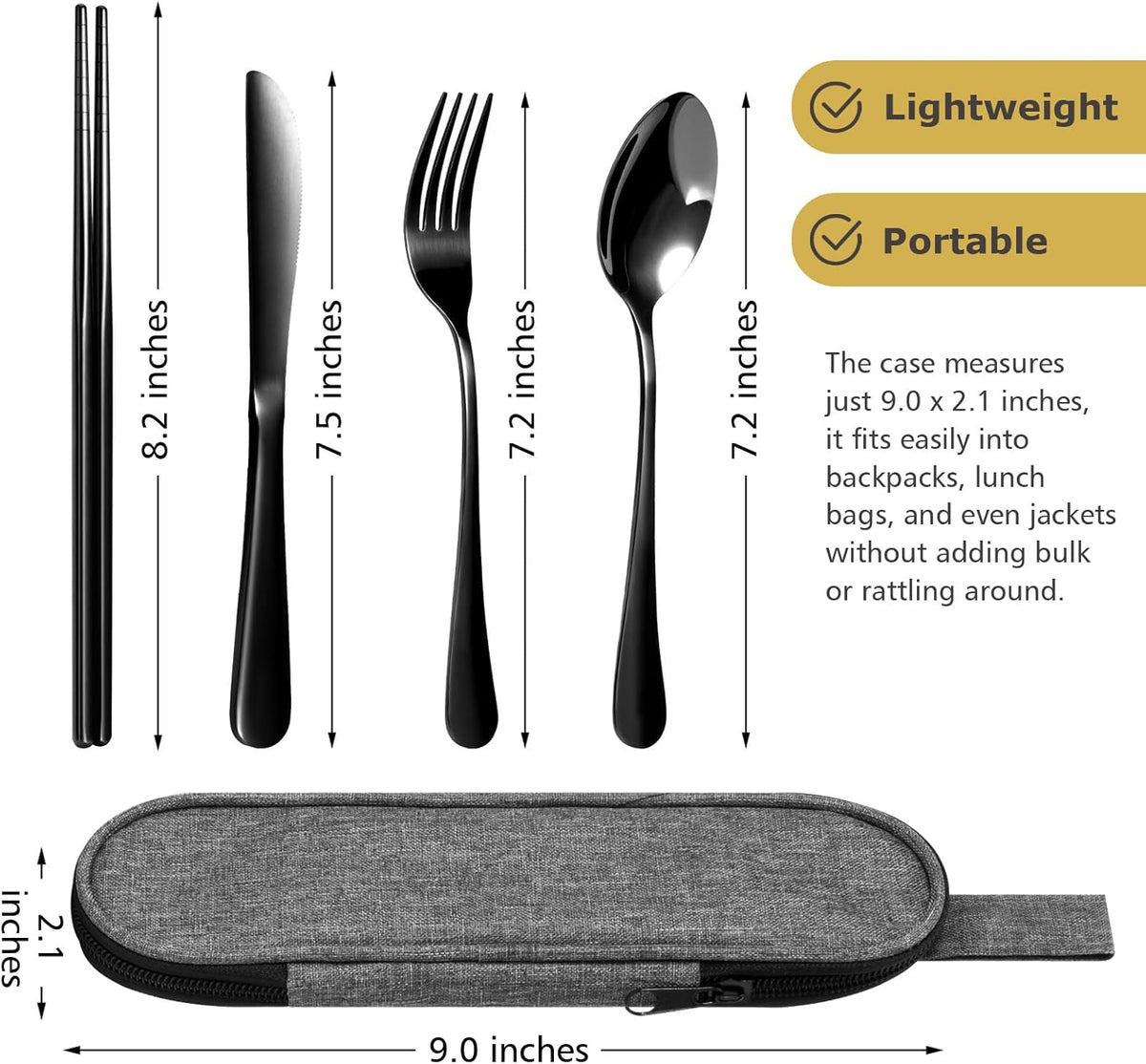 Matte Black 5-Piece Stainless Steel Travel Utensil Set with Waterproof Case, Reusable Portable Flatware Includes Knife, Fork, Spoon, Chopsticks for Camping, Office, Picnic & Daily Use
