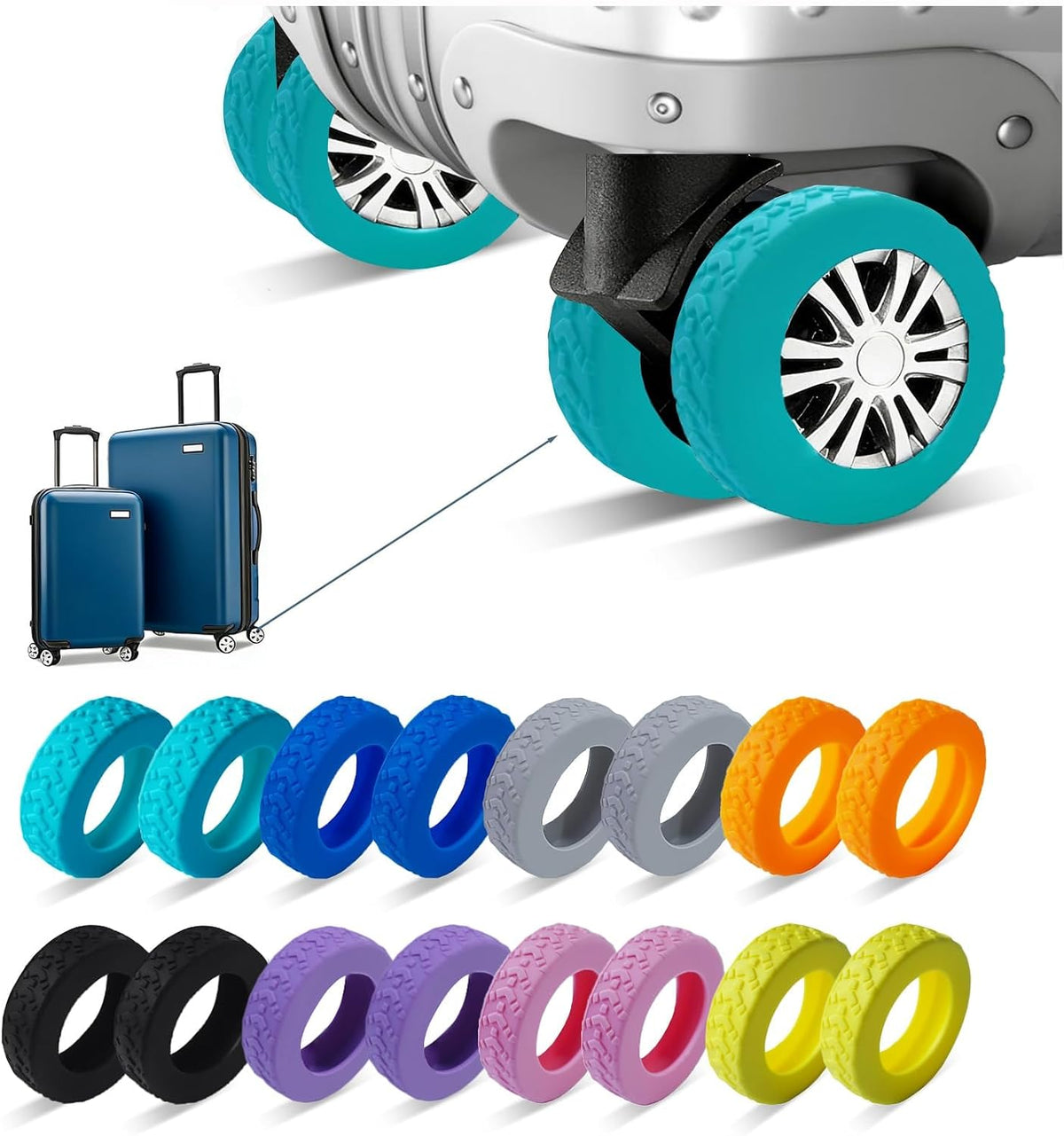 16-Pack Luggage Wheel Covers, Luggage Wheel Protector Covers for 2-2.4 inches Wheels Suitcases，Anti-Scratch & Noise Reduction Design, Silicone MaterialDurable Travel Case Accessories.