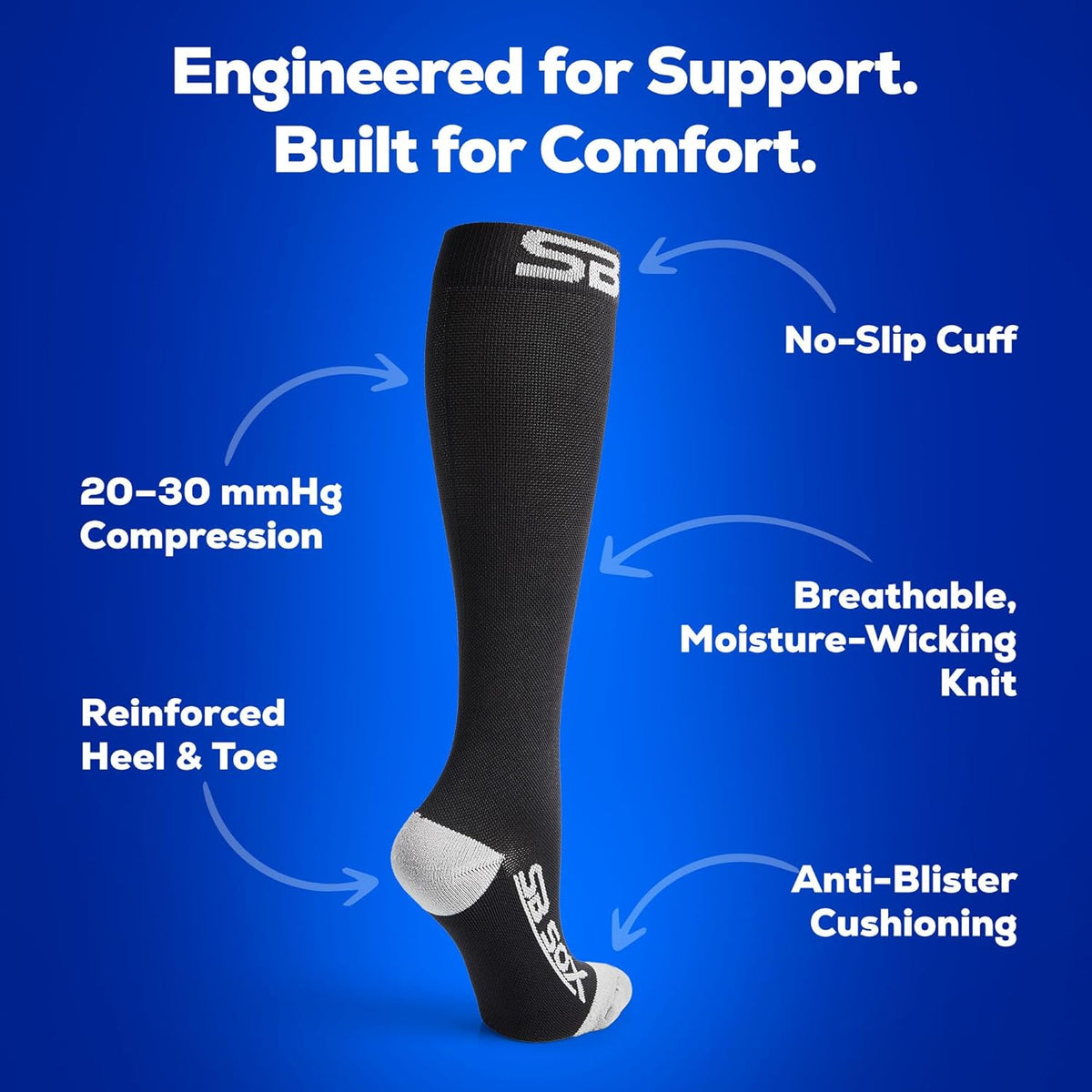 SB SOX Compression Socks for Men & Women (20-30mmHg) – Best Compression Socks for Flying, Medical, Sports, Wide Calf Fit, and Daily Wear