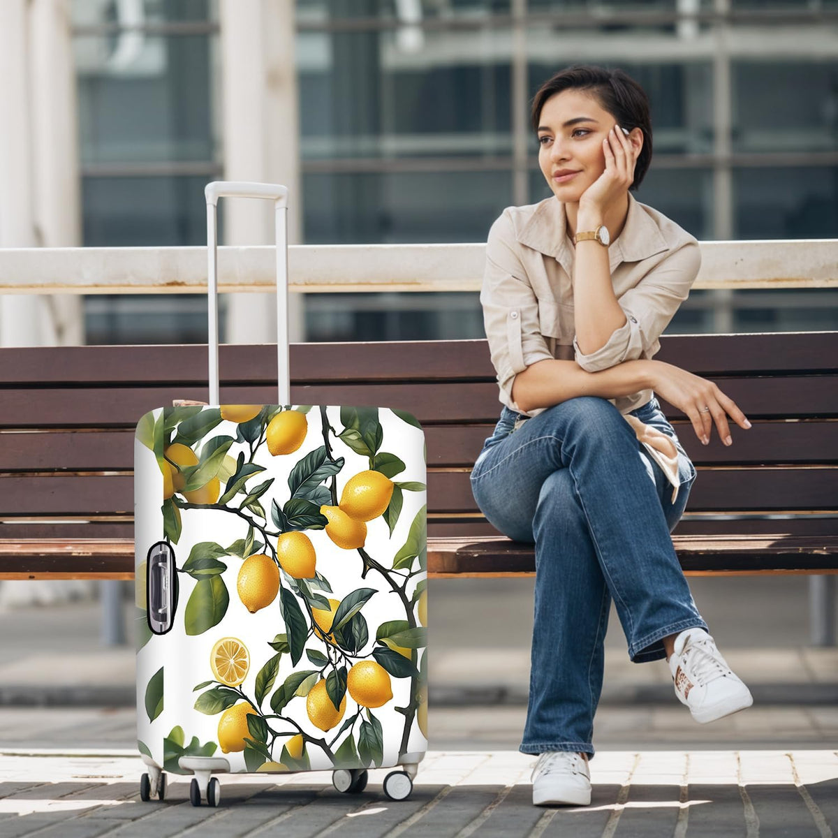 All Over Daisy Print Luggage Cover – Blue Suitcase Protector with White Floral Pattern, Washable Stretch Travel Case for 32-34 Inch Luggage,XL
