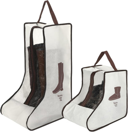 2 Pcs Tall Boot Bags for Cowboy Boots, Visualization Boot Storage Bag, Waterproof, Dustproof, Portable, Suitable for Travel and Daily Use, Foldable, Leather Shoes, Sports Shoes Storage (Cream White)