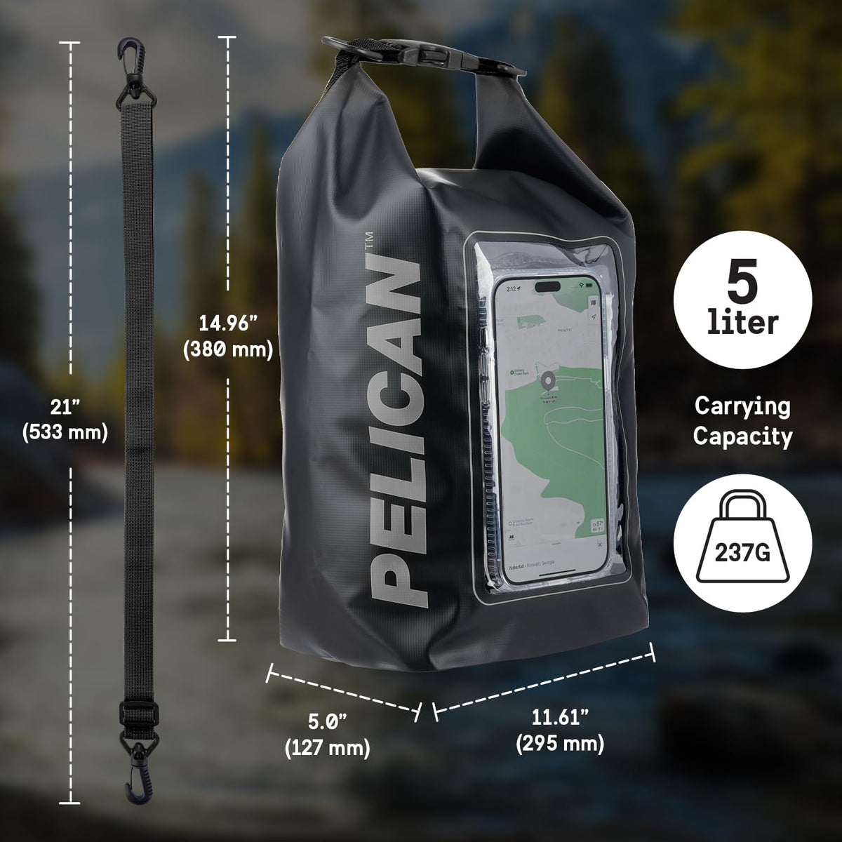 Pelican Marine IP68 Waterproof Dry Bag 2L - Roll Top Waterproof Backpack w/Phone Case/Pouch - Boating & Kayak Accessories - Essentials for Camping Swimming Beach Fishing Rafting Travel - Black/Yellow