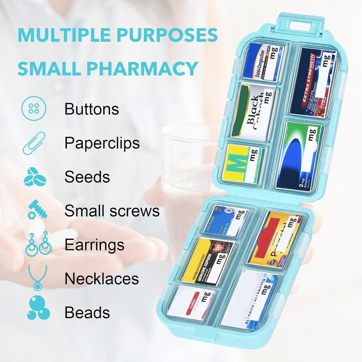 Travel Pill Organizer with 189 Medicine Labels, 10 Compartments Small Pill Case Compact and Portable Travel Pill Box for Airplane Car Purse Nurse Vacation Essentials (Gray, 1 Pack)