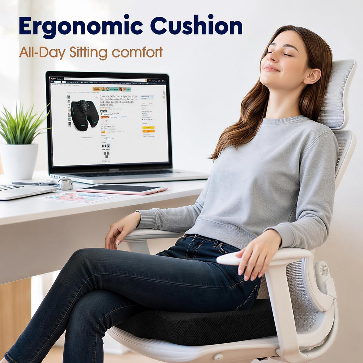 TushGuard Seat Cushion, Memory Foam Office Chair Cushion - Grey, Large