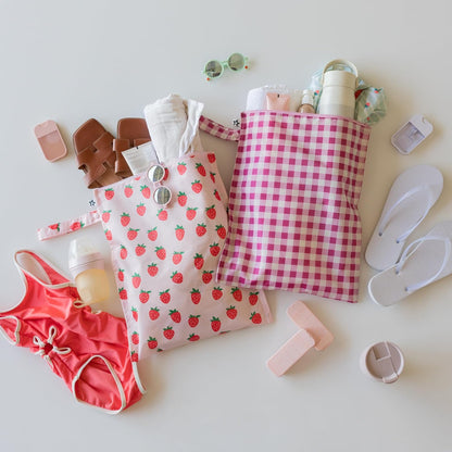 Tiny Twinkle Mess Proof Wet Bags | Reusable Waterproof Wet Bags for Swimsuits | Baby Clothes | Travel & Diaper Bag (Pink, Brown Checkers) - Colors A