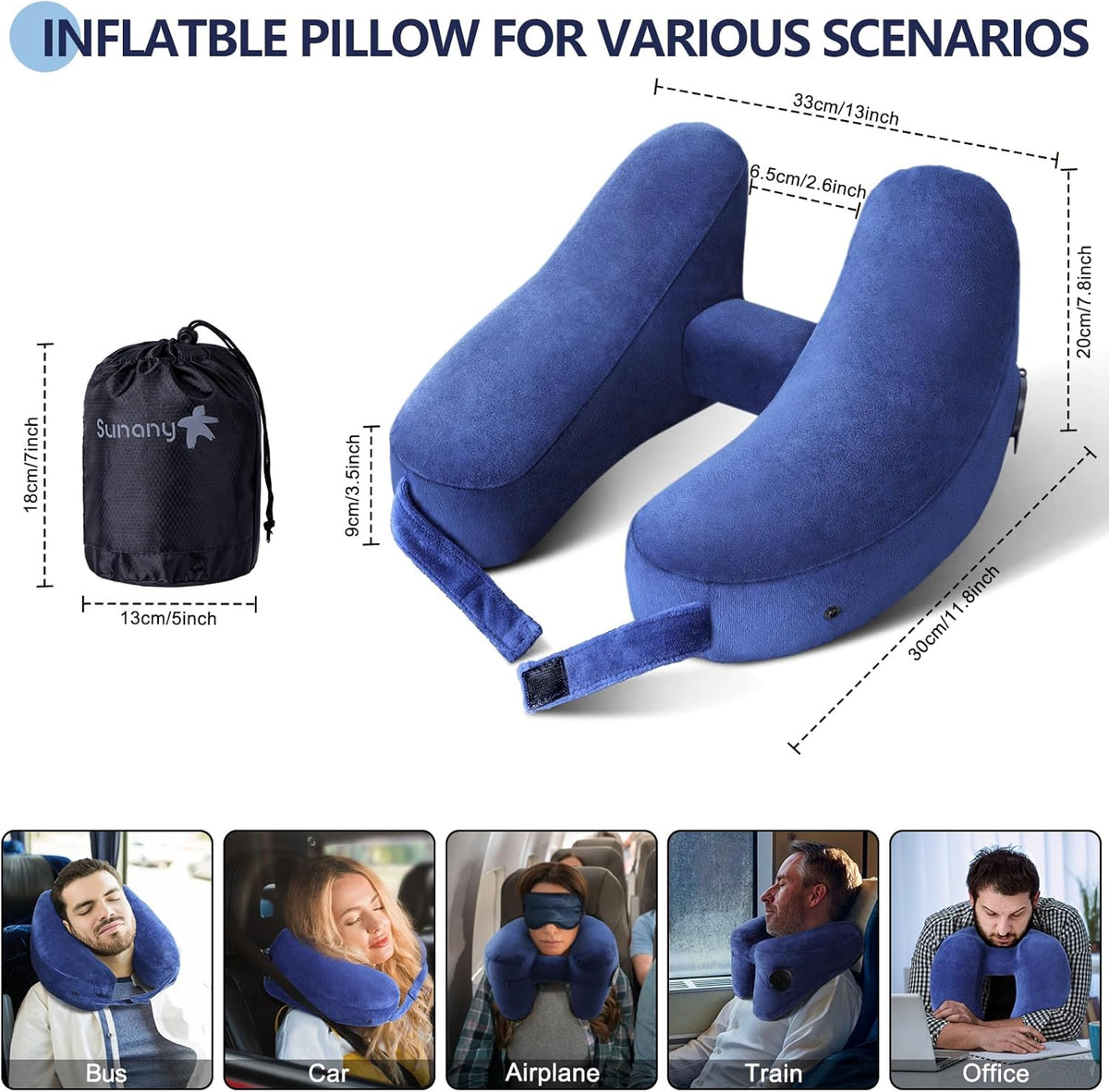 Sunany Travel Neck Pillow for Airplane Pillow Comfortably Supports Head, Neck and Chin, Inflatable Travel Pillow with Soft Velour Cover and Portable Drawstring Bag (Black, H-Shape)