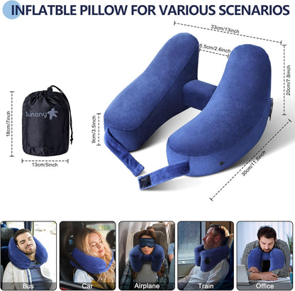 Sunany Travel Neck Pillow for Airplane Pillow Comfortably Supports Head, Neck and Chin, Inflatable Travel Pillow with Soft Velour Cover and Portable Drawstring Bag (Black, H-Shape)