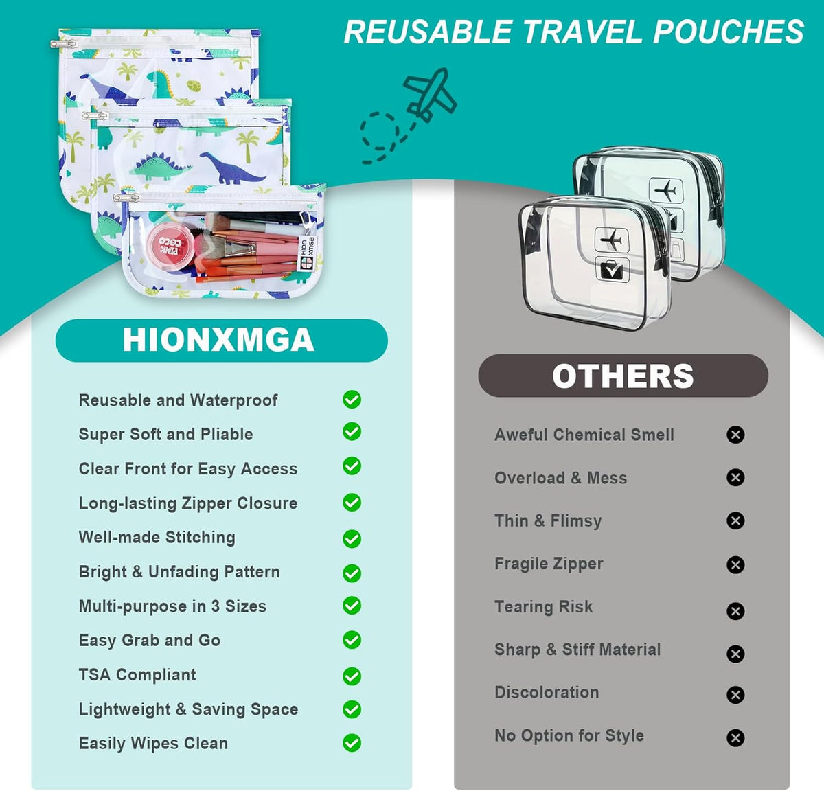 HIONXMGA TSA Approved Toiletry Bag, Set of 3 Clear Travel Toiletry Bag Quart Size Zipper Travel Pouch, Waterproof Makeup Cosmetic Bag for Women Men Kids Toiletries Carry on, Cacti A