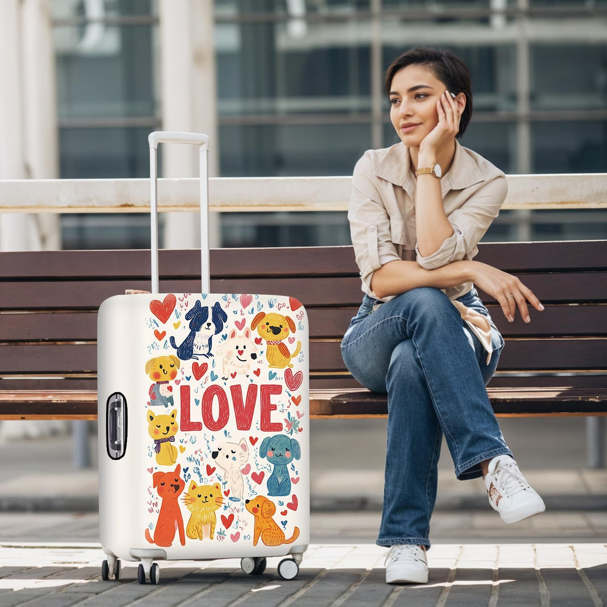 All Over Daisy Print Luggage Cover – Blue Suitcase Protector with White Floral Pattern, Washable Stretch Travel Case for 32-34 Inch Luggage,XL