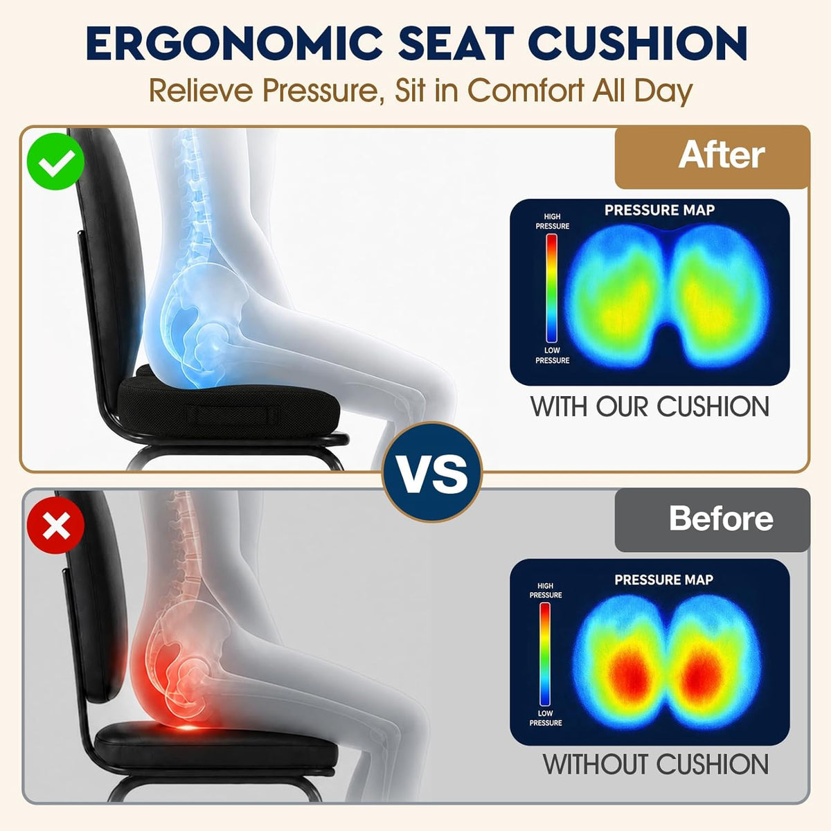 TushGuard Seat Cushion, Memory Foam Office Chair Cushion - Grey, Large