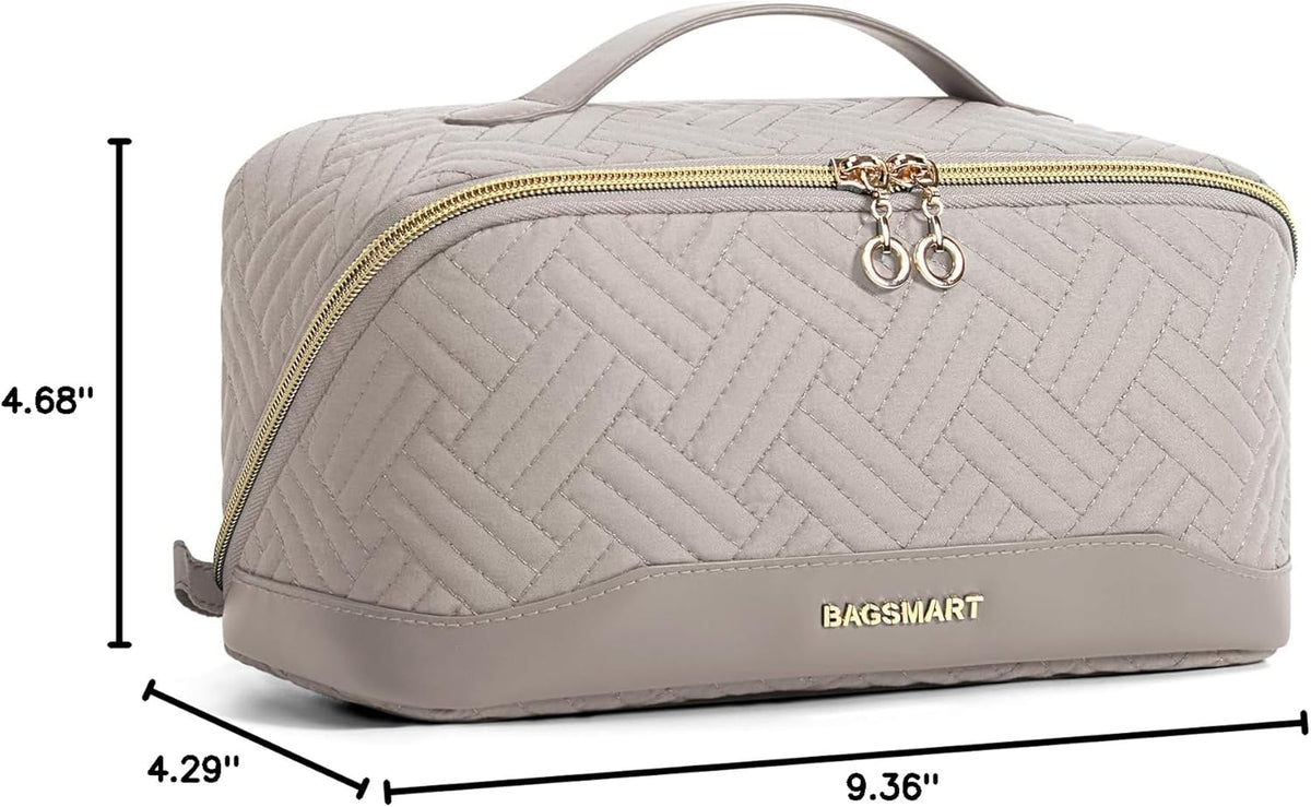 BAGSMART Travel Makeup Bag for Women, Portable Water-resistant Cosmetic Case, Puffy Padded Make Up Organizer Pouch, Open Flat Toiletry Bag for Toiletries, Brushes, Black