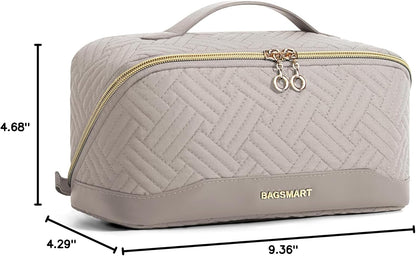 BAGSMART Travel Makeup Bag for Women, Portable Water-resistant Cosmetic Case, Puffy Padded Make Up Organizer Pouch, Open Flat Toiletry Bag for Toiletries, Brushes, Black
