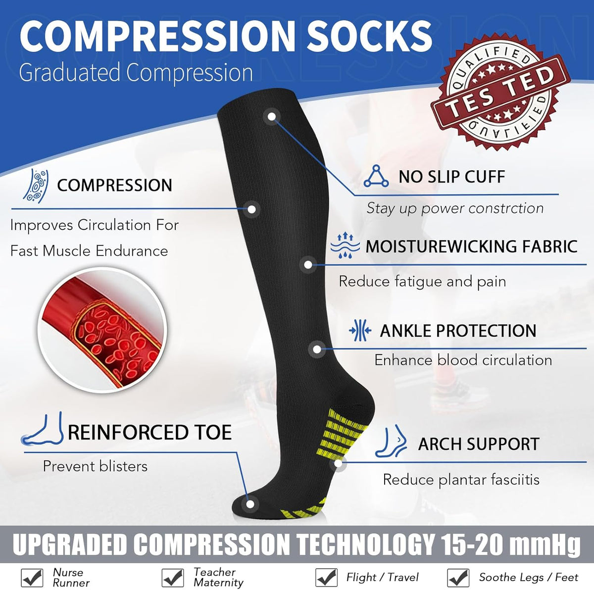 Sooverki Copper Compression Socks for Men & Women 8 Pack 15-20mmHg - Knee High Stockings Best Support for Running Athletic