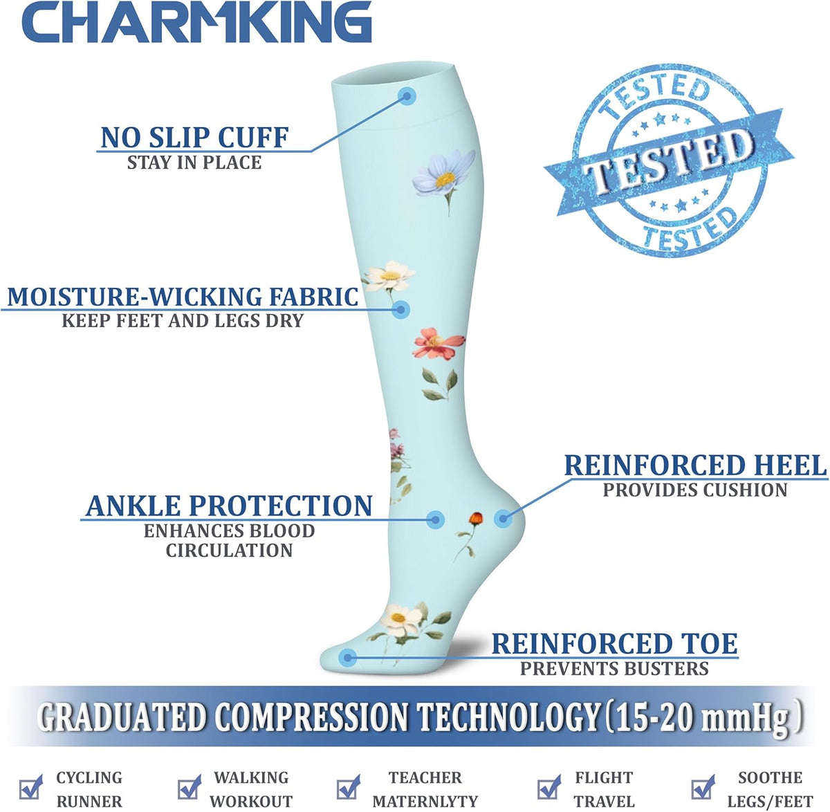 CHARMKING Compression Socks for Women & Men Circulation (8 Pairs) 15-20 mmHg Best Calf Socks Support for Athletic Cycling - Colors A