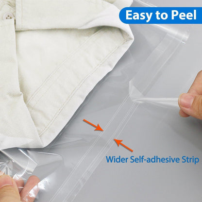 PigPotParty 12" x 15" Clear Plastic T-Shirt Bags with Clothing Size Stickers, 100 Pcs Cellophane Shirt Sleeves Packaging Bags for Small Business, Thick, Self-adhesive & Resealable