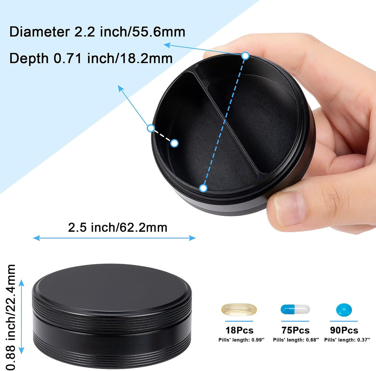 SOBABIDO Premium Metal Pill Case, Small Travel Pill Box with 2 Compartments