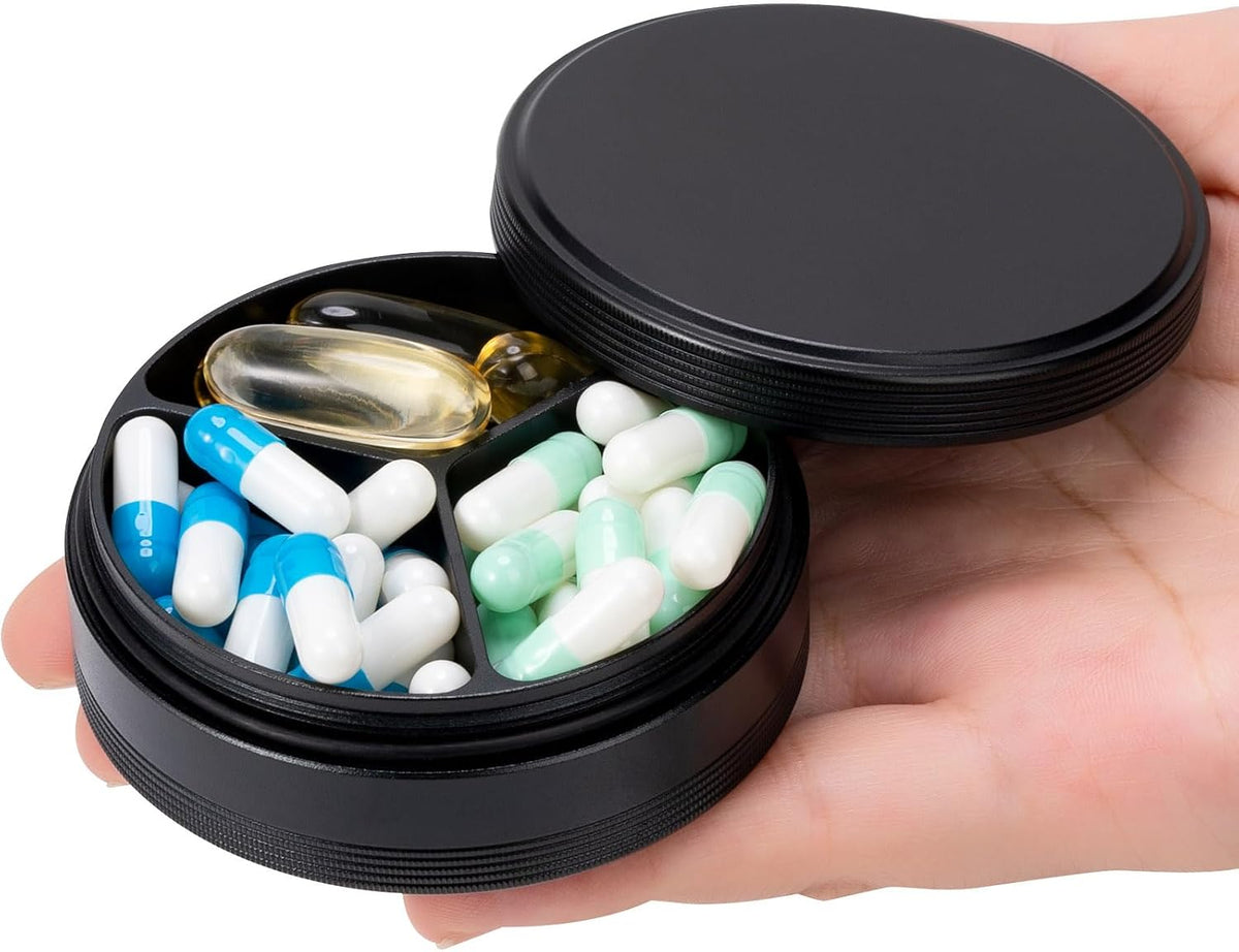 SOBABIDO Premium Metal Pill Case, Small Travel Pill Box with 2 Compartments