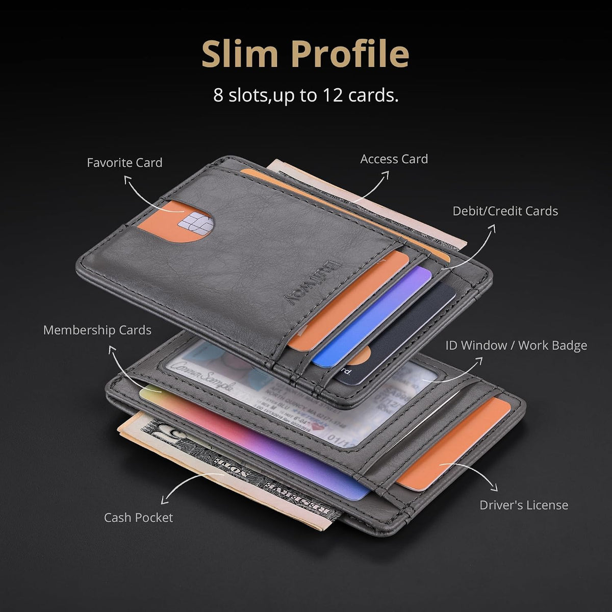 Slim Minimalist Front Pocket RFID Blocking Leather Wallets for Men and Women - Carbon Fiber Black - Colors B