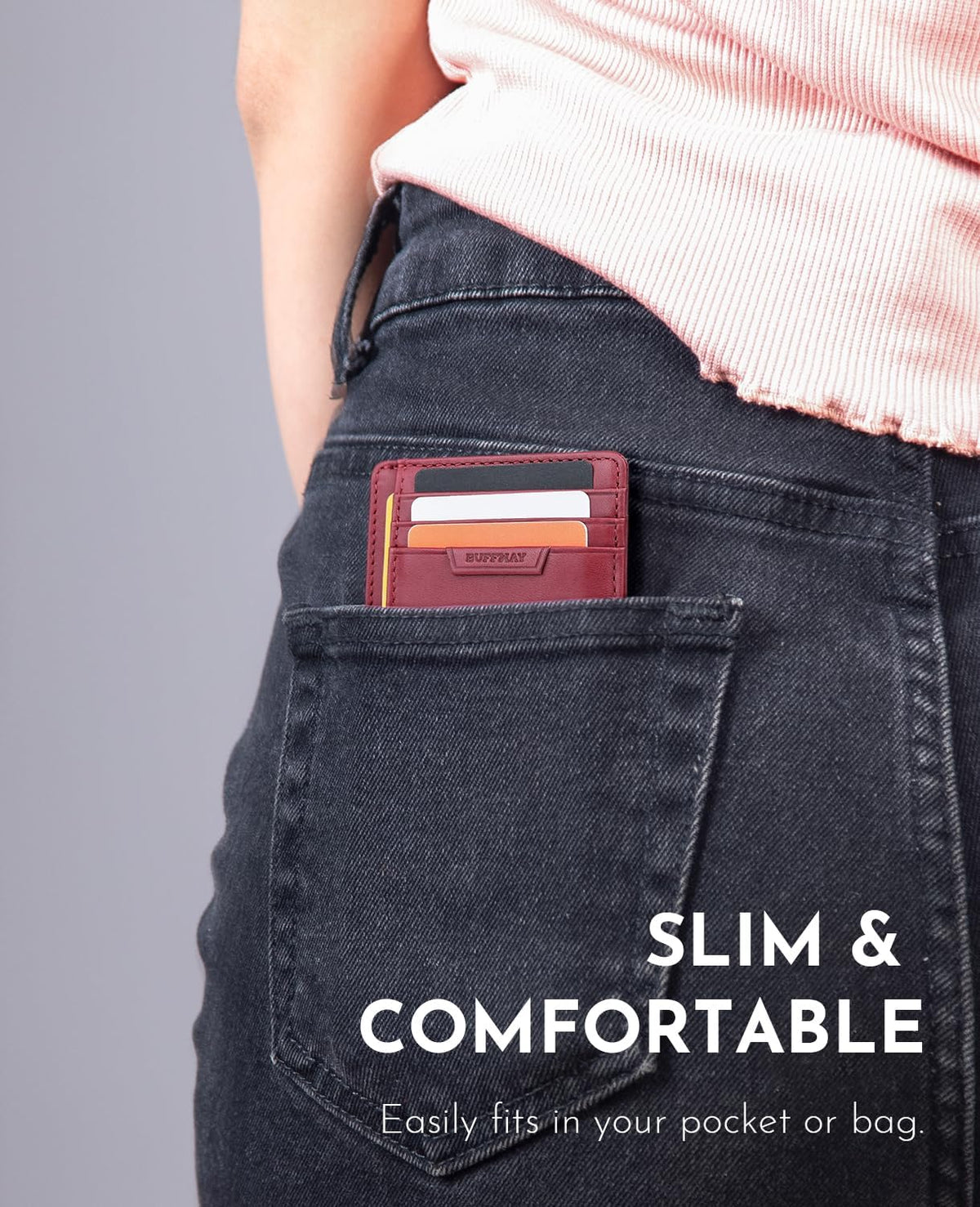 Slim Minimalist Front Pocket RFID Blocking Leather Wallets for Men and Women - Carbon Fiber Black - Colors B