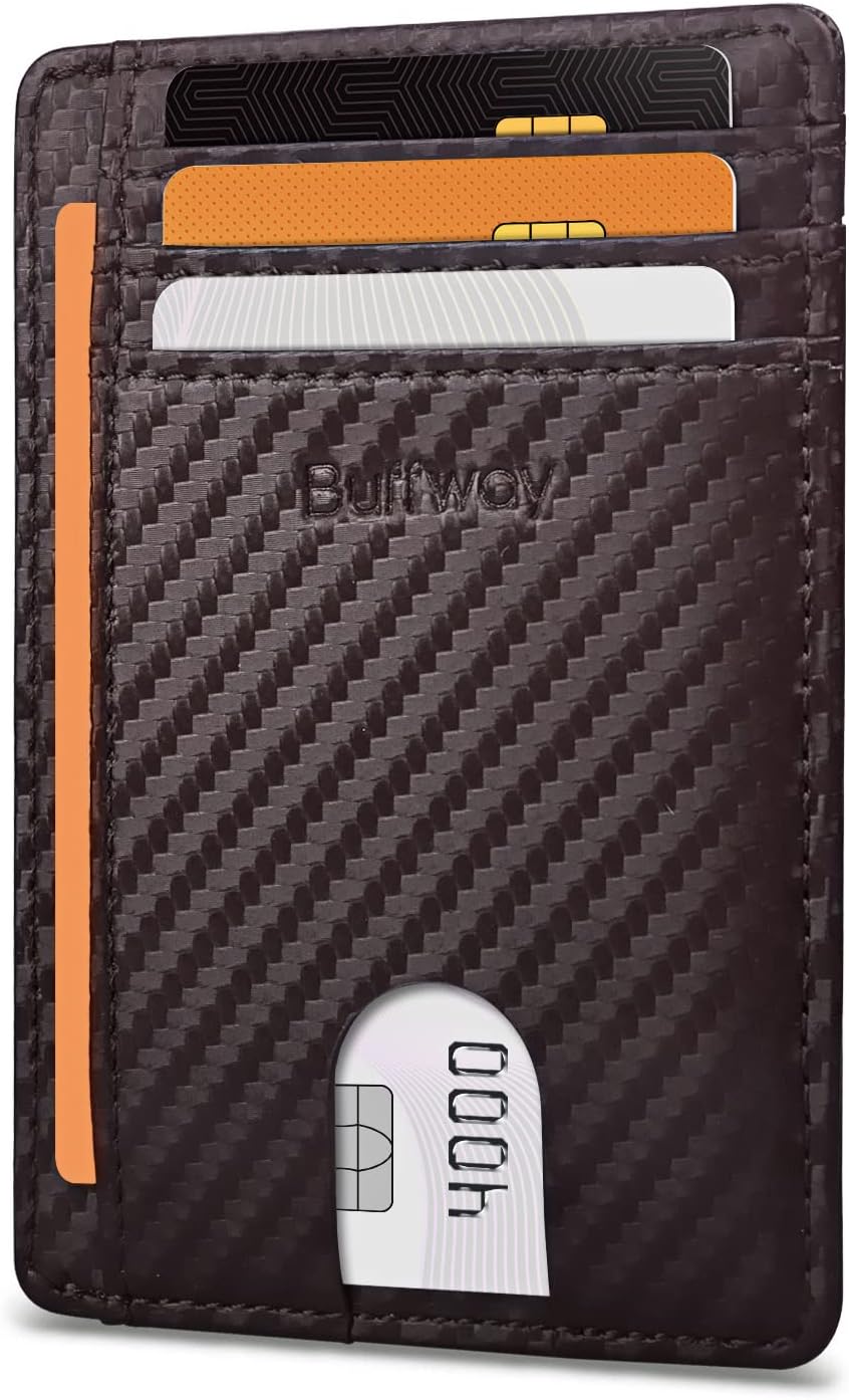 Slim Minimalist Front Pocket RFID Blocking Leather Wallets for Men and Women - Carbon Fiber Black - Colors B