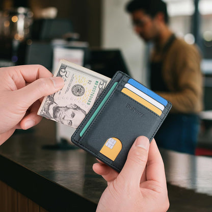 Slim Minimalist Front Pocket RFID Blocking Leather Wallets for Men and Women - Carbon Fiber Black - Colors B