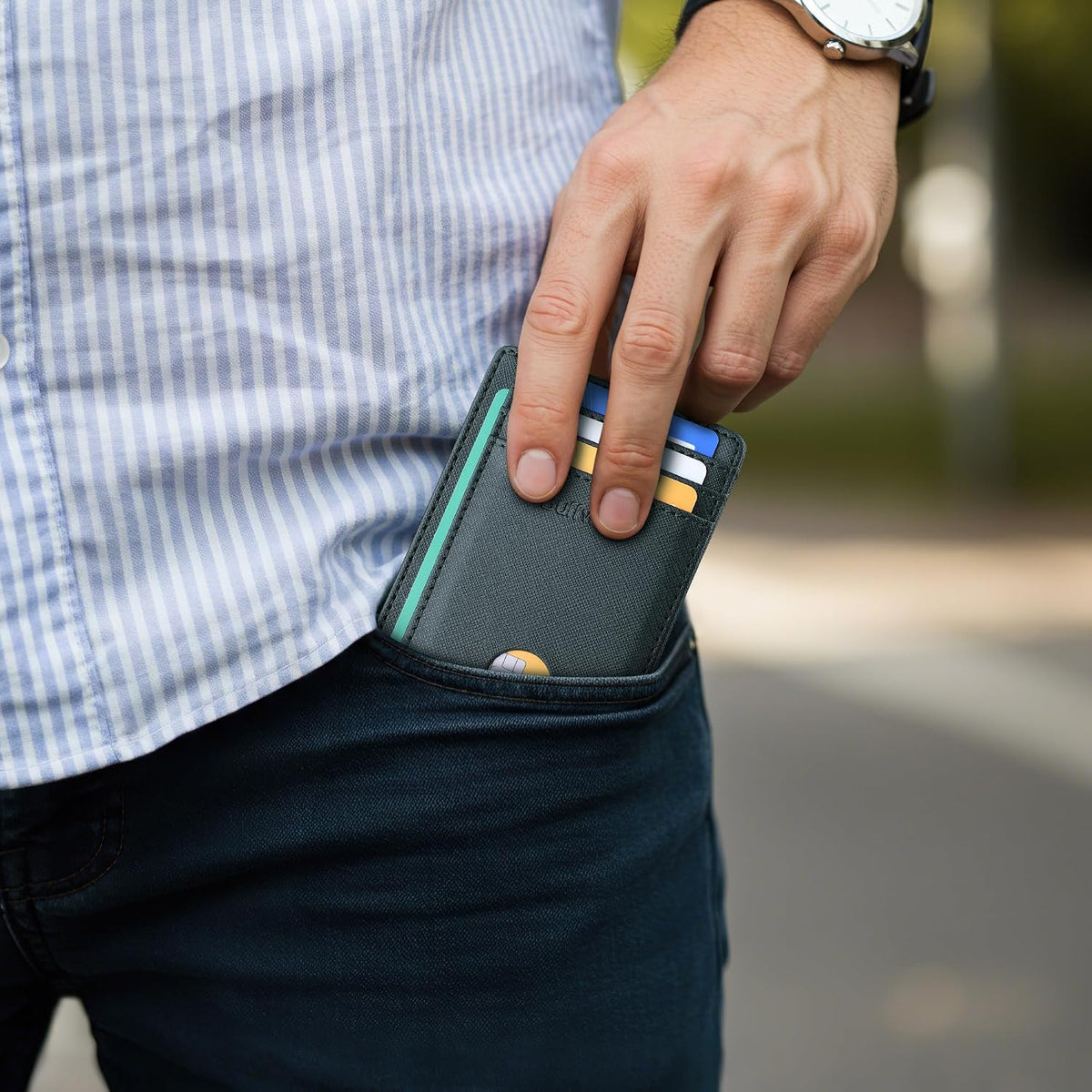 Slim Minimalist Front Pocket RFID Blocking Leather Wallets for Men and Women - Carbon Fiber Black - Colors B