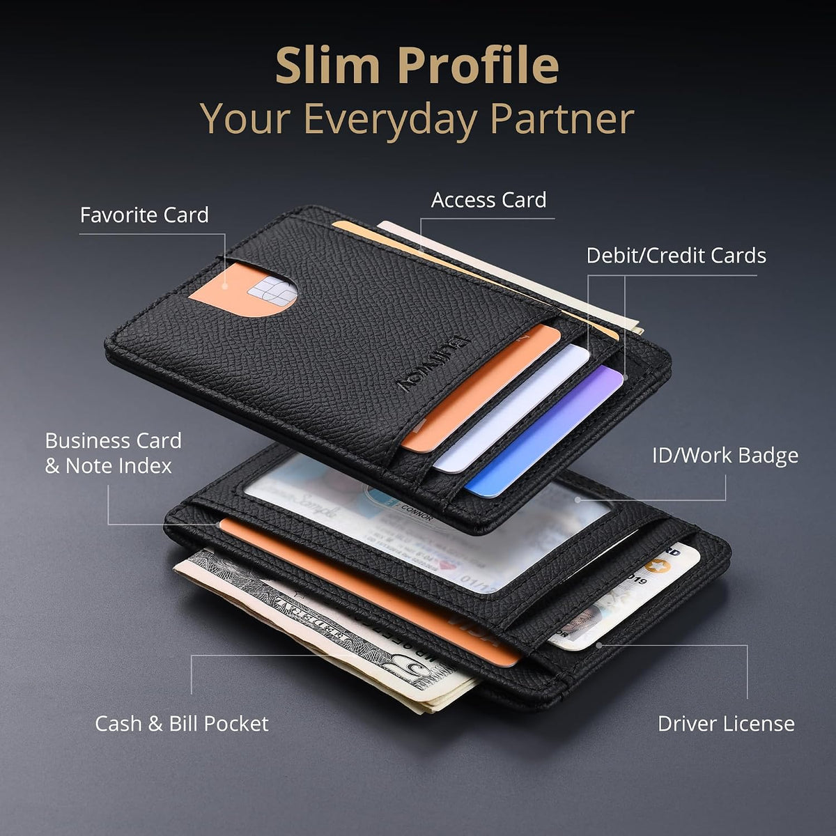 Slim Minimalist Front Pocket RFID Blocking Leather Wallets for Men and Women - Carbon Fiber Black - Colors B