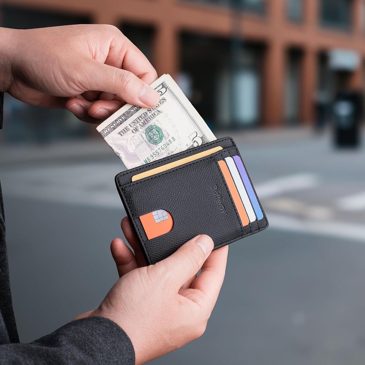 Slim Minimalist Front Pocket RFID Blocking Leather Wallets for Men and Women - Carbon Fiber Black - Colors B