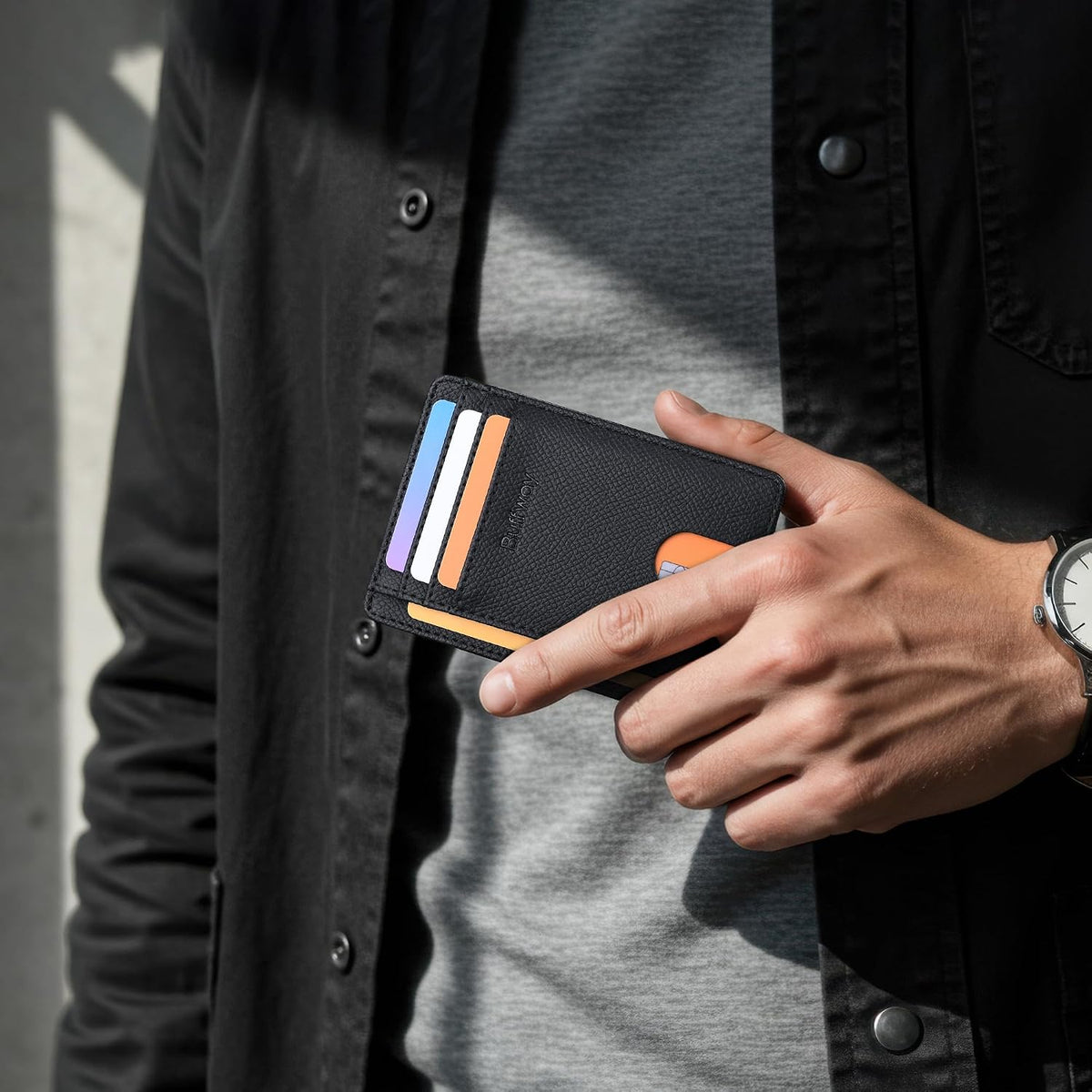Slim Minimalist Front Pocket RFID Blocking Leather Wallets for Men and Women - Carbon Fiber Black - Colors B