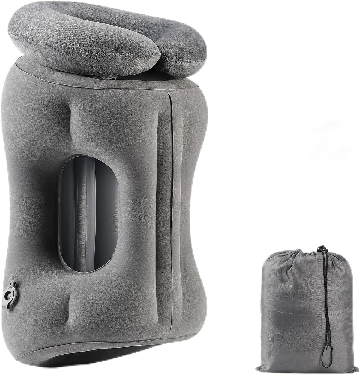 2-in-1 Magnetic Design Inflatable Travel Pillow, Ergonomic Neck Support Airplane Pillow for Flying, Compact Camping Pillow with Storage Bag for Home Nap & Car Travel (Grey)