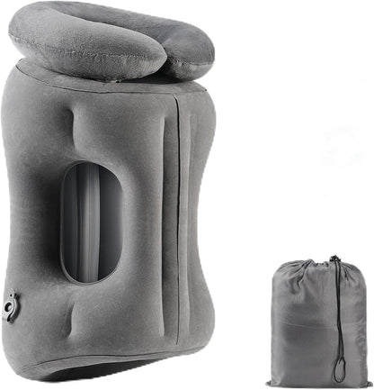 2-in-1 Magnetic Design Inflatable Travel Pillow, Ergonomic Neck Support Airplane Pillow for Flying, Compact Camping Pillow with Storage Bag for Home Nap & Car Travel (Grey)