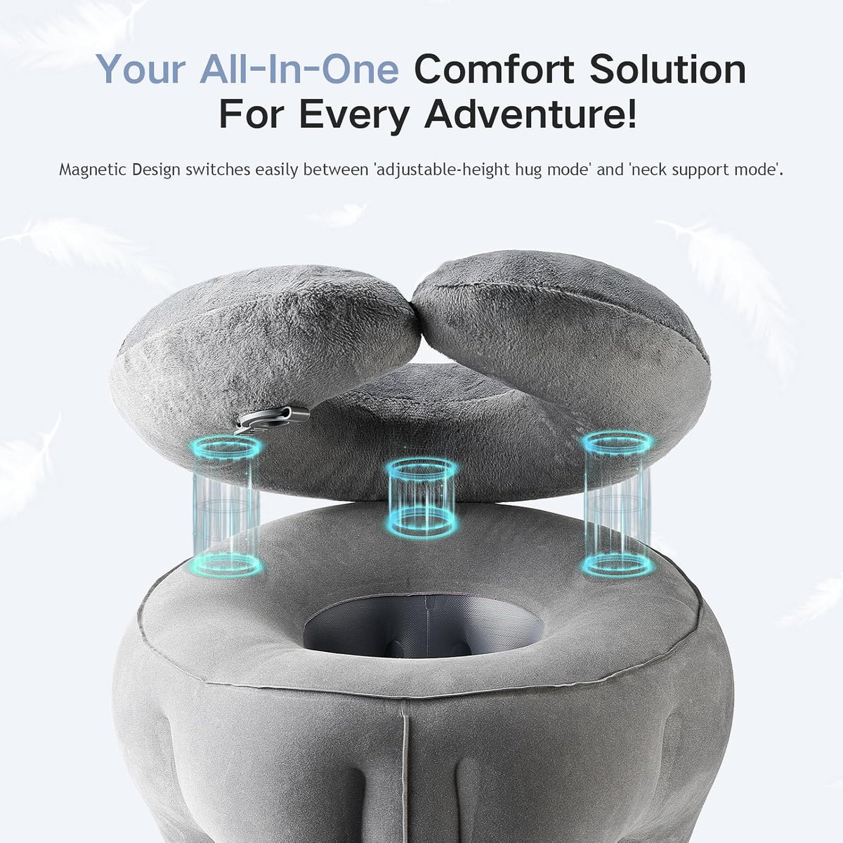 2-in-1 Magnetic Design Inflatable Travel Pillow, Ergonomic Neck Support Airplane Pillow for Flying, Compact Camping Pillow with Storage Bag for Home Nap & Car Travel (Grey)