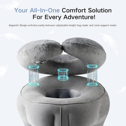 2-in-1 Magnetic Design Inflatable Travel Pillow, Ergonomic Neck Support Airplane Pillow for Flying, Compact Camping Pillow with Storage Bag for Home Nap & Car Travel (Grey)